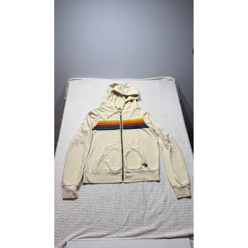 Aviator Nation Womens 5-Stripe Zip Up Hoodie Cream Rainbow Size Small USA Made